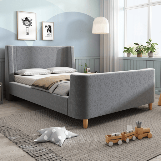 Cama de criança 90x200 cm estofada em veludo cinzento (colchão não incluído)