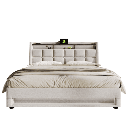Cama de casal de linho 140x200cm com armazenamento,luz led,bege