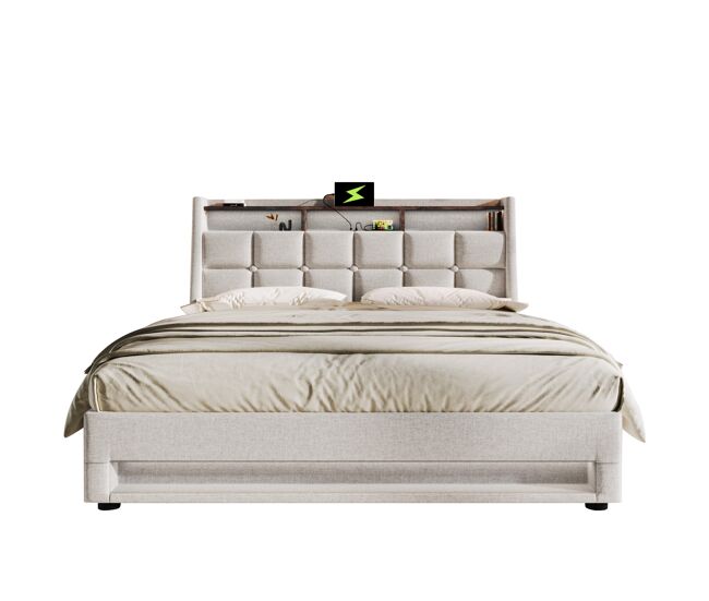 Cama de matrimonio de lino con almacenaje 145x210