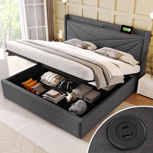 Cama de casal de linho 160x200cm com armazenamento,cinzento