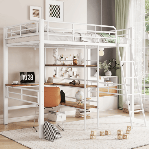 Cama mezzanine 90x200 cm - com secretária e prateleiras para arrumação - Branco
