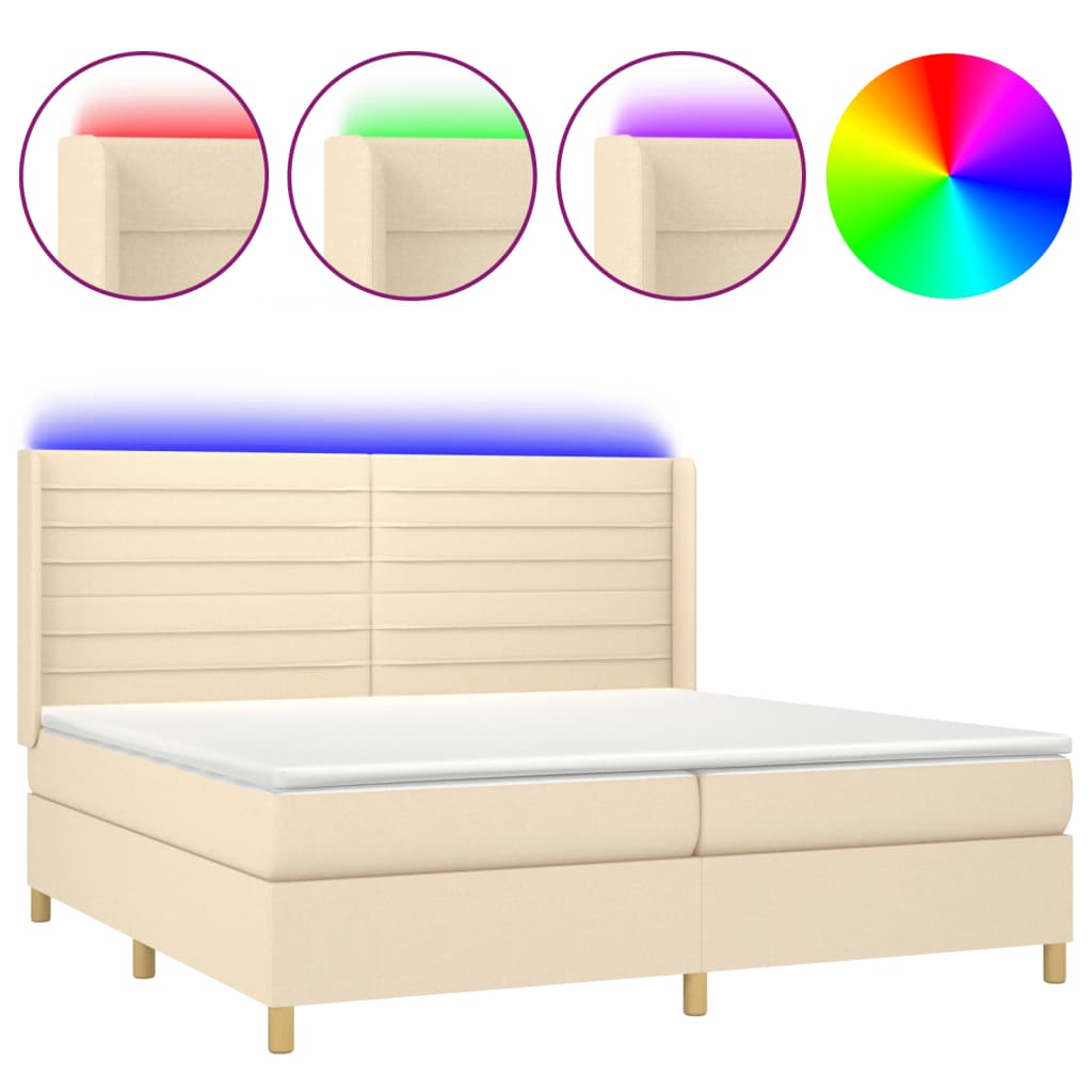 Cama box spring colchón y luces led tela crema 200x200 cm rayas horizontales