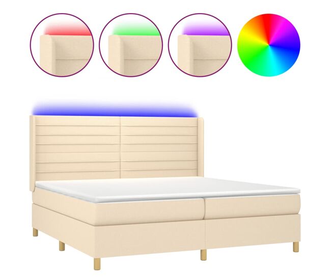 Cama box spring colchón y luces led tela crema 200x200 cm rayas horizontales