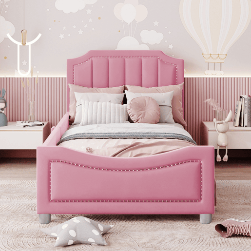 Cama individual 90x200cm para crianças - sofá-cama de veludo - Rosa