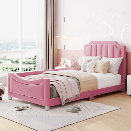 Cama individual 90x200cm para crianças - sofá-cama de veludo - Rosa