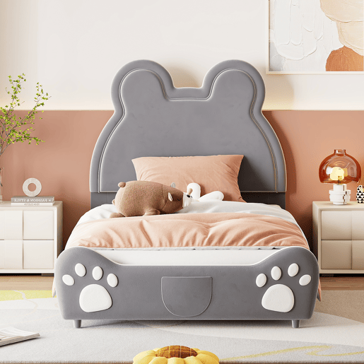 Cama de criança 90 x 200 cm - forma de urso - tecido de veludo - Cinzento