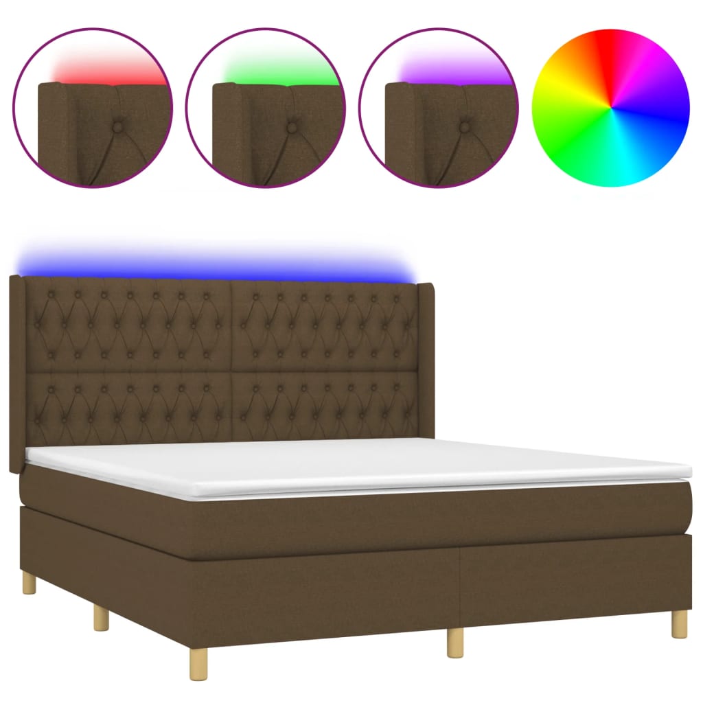 Cama box spring colchón luces led tela marrón oscuro 180x200cm diseño de botones