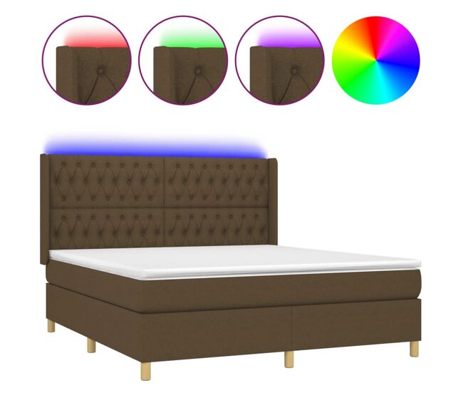 Cama box spring colchón luces led tela marrón oscuro 180x200cm diseño de botones