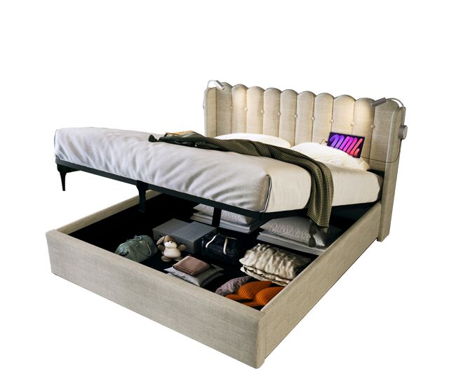 Cama de matrimonio de lino 140x200cm con almacenaje,beige