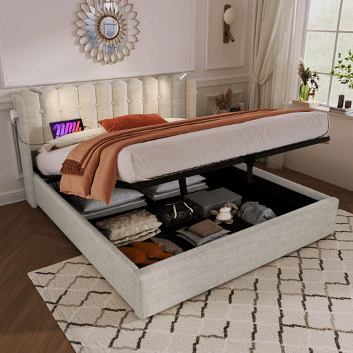 Cama de casal de linho 140x200cm com armazenamento,bege