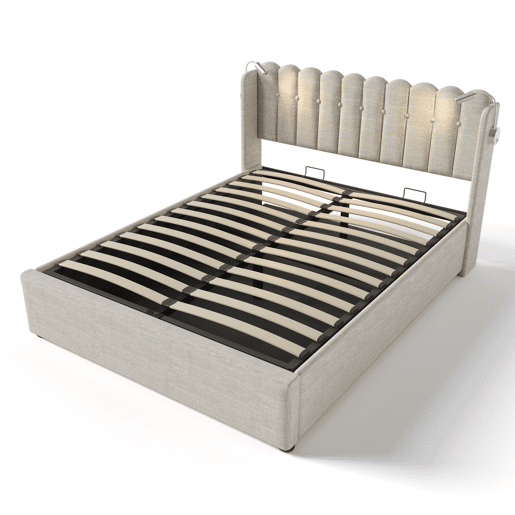 Cama de casal de linho 140x200cm com armazenamento,bege