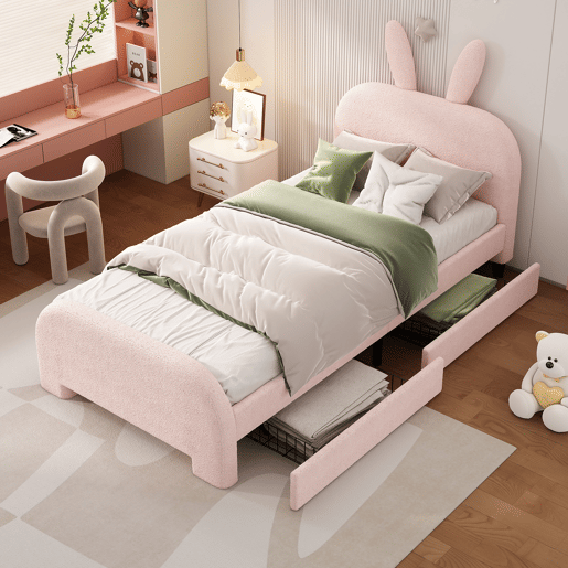 Cama de criança 90x200 cm com 2 gavetas - cabeceira em forma de coelho - Rosa