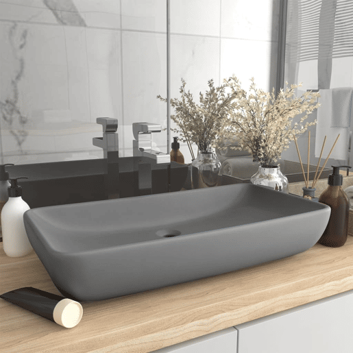 Lavatório - Lavabo - Pia de banheiro luxuoso retangular 71x38 cm cerâmica cinza-claro mate Lavatório - Lavabo - Pia de banheiro luxuoso retangular 71x38 cm cerâmica cinza-claro mate
