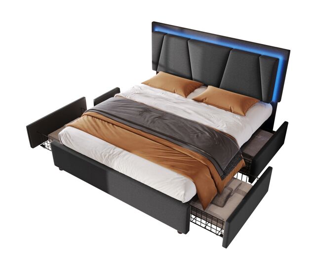 Cama de matrimonio de madera maciza 140x200cm con 4 cajones,luz led,gris