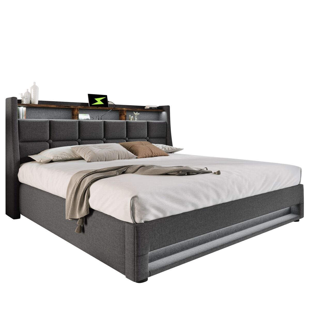 cama de matrimonio de lino 160x200cm con almacenajeluz ledgris
