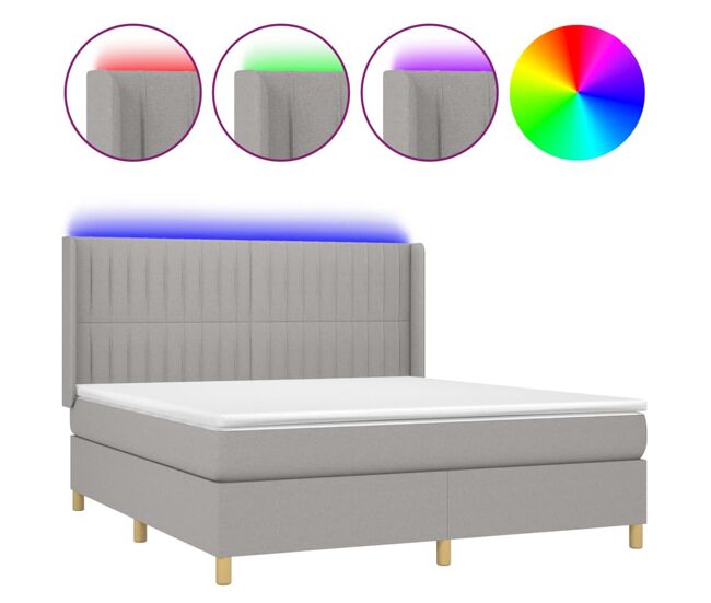 Cama box spring colchón y luces led tela gris claro 160x200 cm rayas verticales
