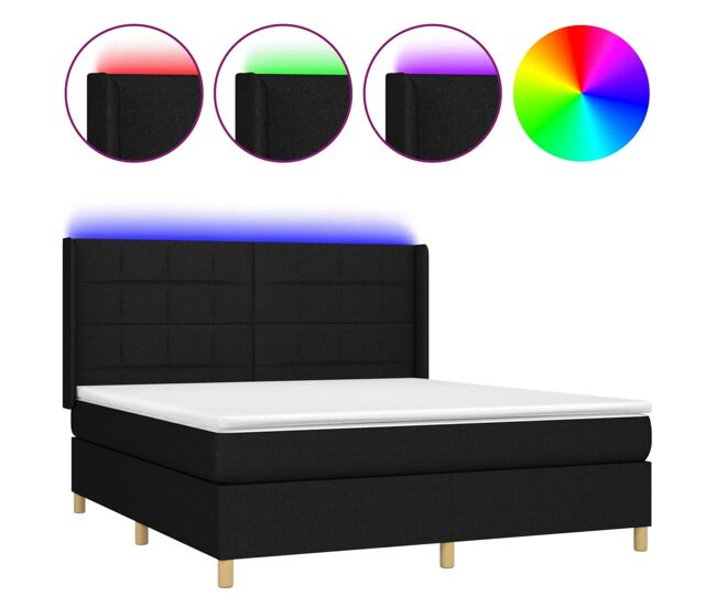 Cama box spring colchón y luces led tela negro 180x200 cm bloques con cuadros