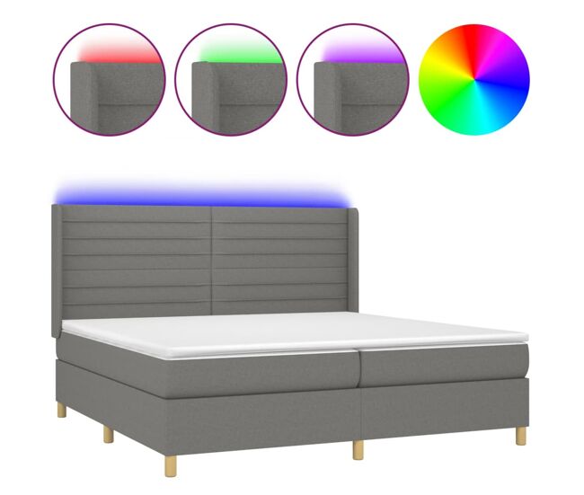Cama box spring colchón y luces led tela gris claro 200x200 cm rayas horizontales
