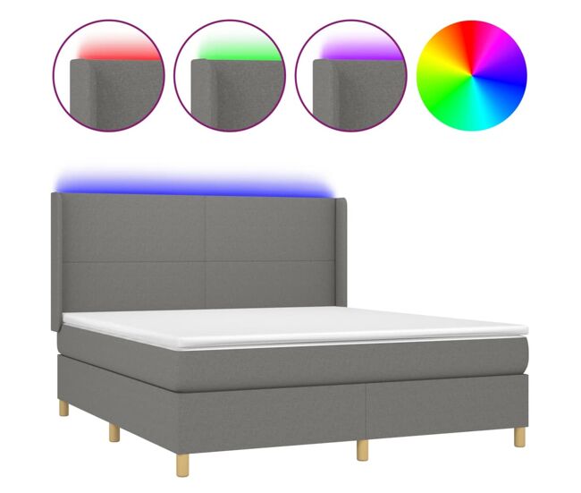 Cama box spring colchón y luces led tela gris oscuro 180x200 cm diseño plano