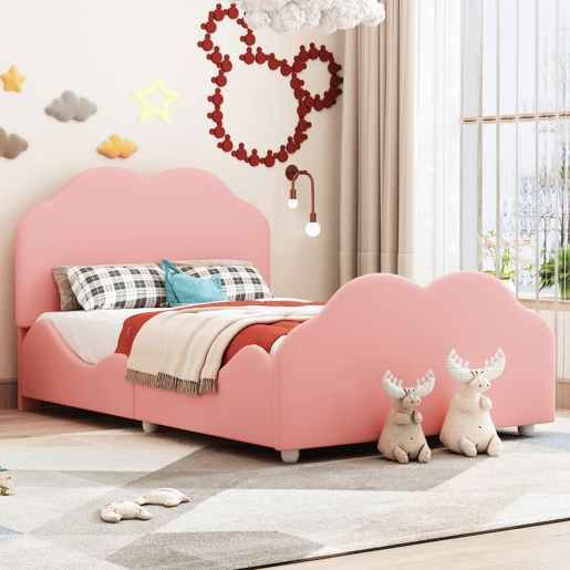 Cama de criança estofada em veludo - 90x200 cm - com cabeceira em forma de nuvem + estrado de molas - Rosa