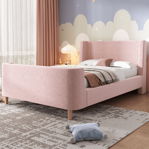 Cama de criança 90x200 cm com estofo em veludo cor-de-rosa (colchão não incluído)