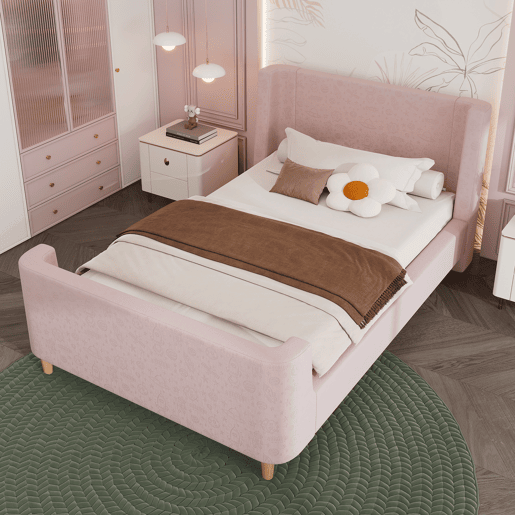 Cama de criança 90x200 cm com estofo em veludo cor-de-rosa (colchão não incluído)