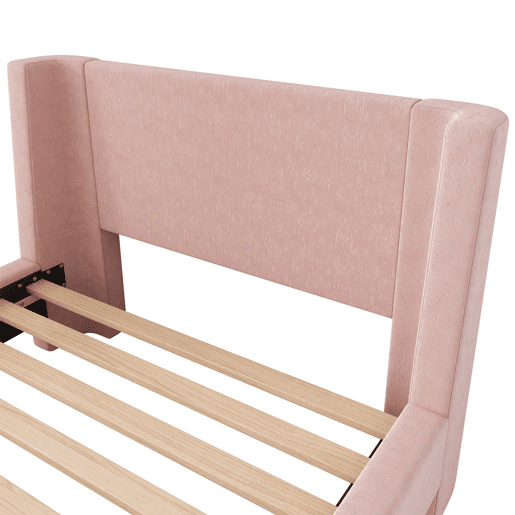 Cama de criança 90x200 cm com estofo em veludo cor-de-rosa (colchão não incluído)