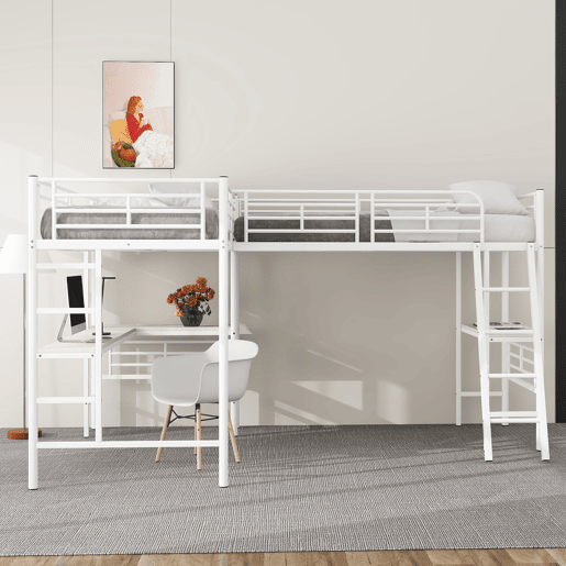 Cama em mezzanine - 2 camas 90x200 cm - 2 secretárias debaixo da cama - Branco