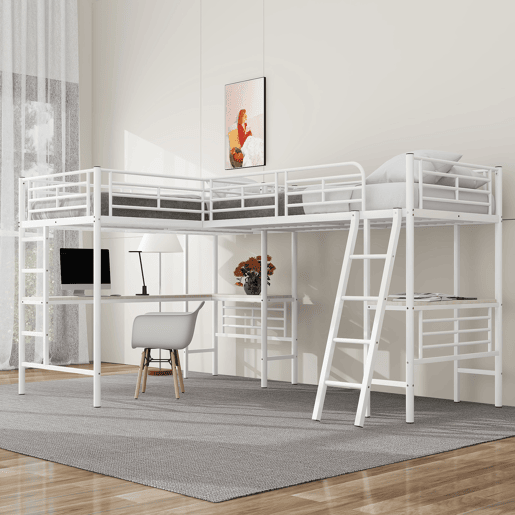 Cama em mezzanine - 2 camas 90x200 cm - 2 secretárias debaixo da cama - Branco