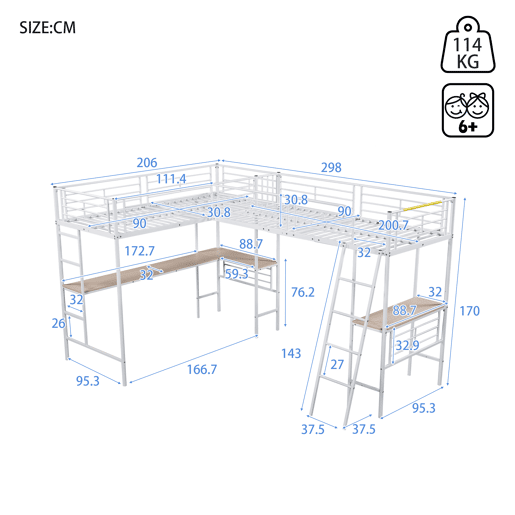 Cama em mezzanine - 2 camas 90x200 cm - 2 secretárias debaixo da cama - Branco