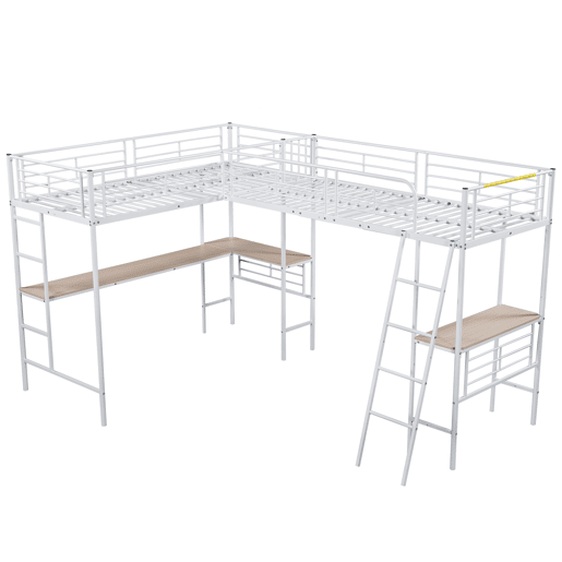 Cama em mezzanine - 2 camas 90x200 cm - 2 secretárias debaixo da cama - Branco