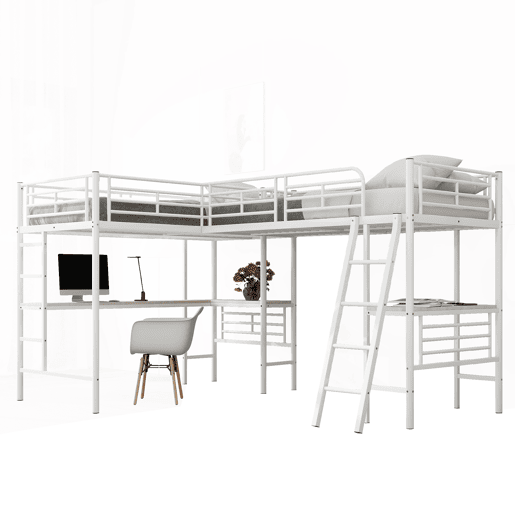 Cama em mezzanine - 2 camas 90x200 cm - 2 secretárias debaixo da cama - Branco