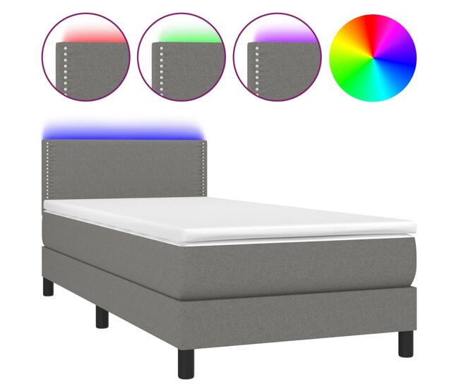 Cama box spring colchón y luces led tela gris oscuro 90x190 cm liso con clavos