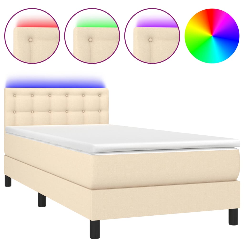 Cama box spring colchón y luces led tela crema 100x200 cm botones