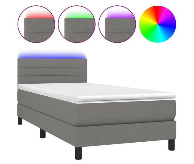 Cama box spring colchón y luces led tela gris oscuro 90x200 cm rayas horizontales