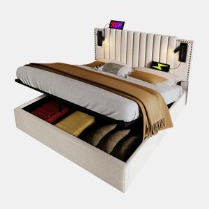 Cama de casal de algodão 180x200cm com armazenamento,bege