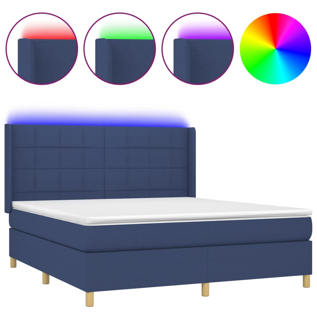 Cama box spring colchón y luces led tela azul 160x200 cm bloques con cuadros