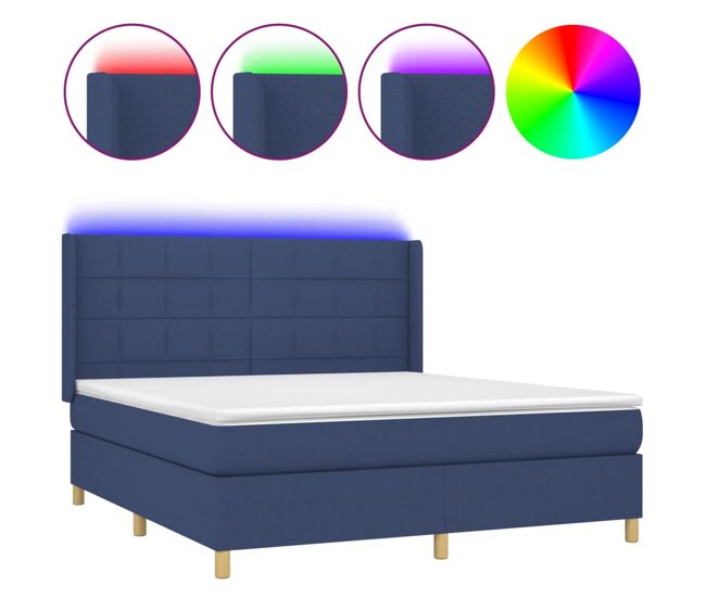 Cama box spring colchón y luces led tela azul 160x200 cm bloques con cuadros