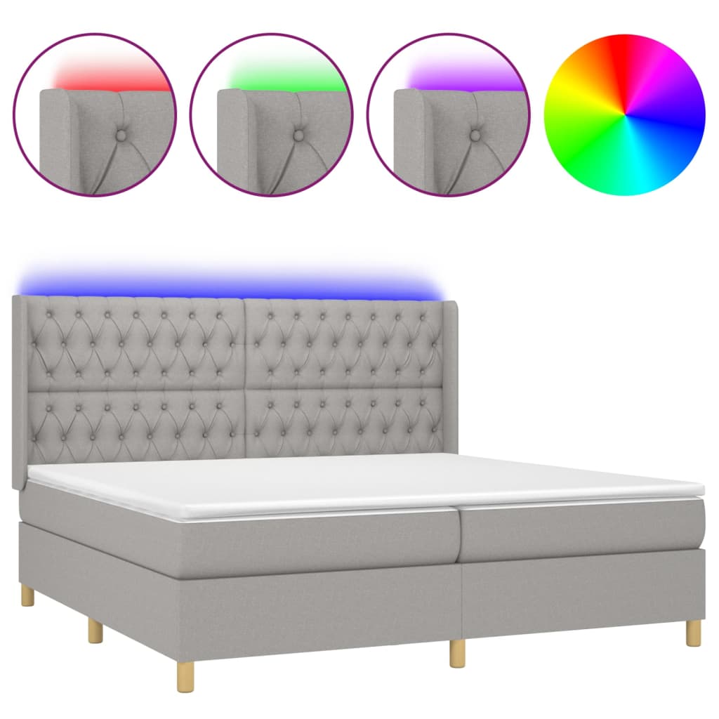 cama box spring con colchon tela y led gris claro 200x200 cm diseno de botones