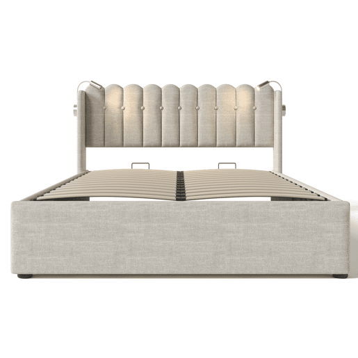 Cama de casal de linho 160x200cm com armazenamento,bege