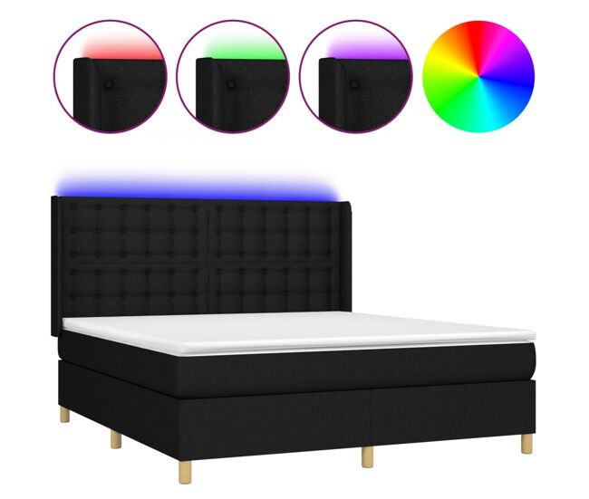 Cama box spring colchón y luces led tela negro 160x200 cm botones
