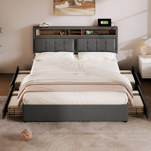 Cama de casal de linho 160x200cm com 4 gavetas,cinzento