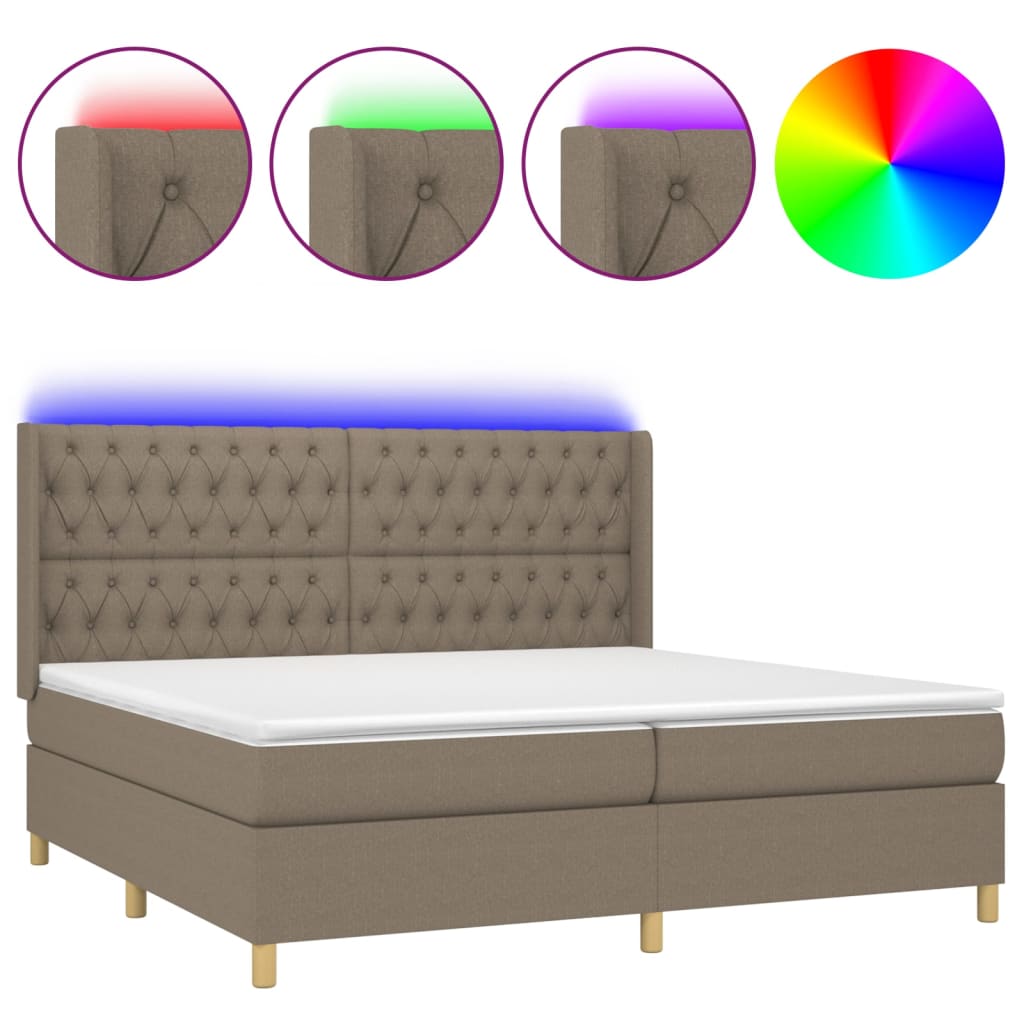 Cama box spring colchón y luces led tela gris taupe 200x200 cm diseño de botones