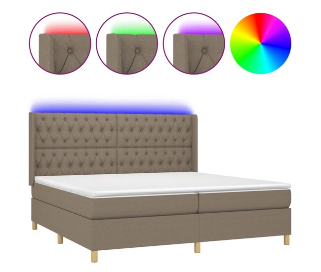 Cama box spring colchón y luces led tela gris taupe 200x200 cm diseño de botones