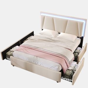 Cama de casal de madeira maciça 140x200cm com 4 gavetas,luz led,bege