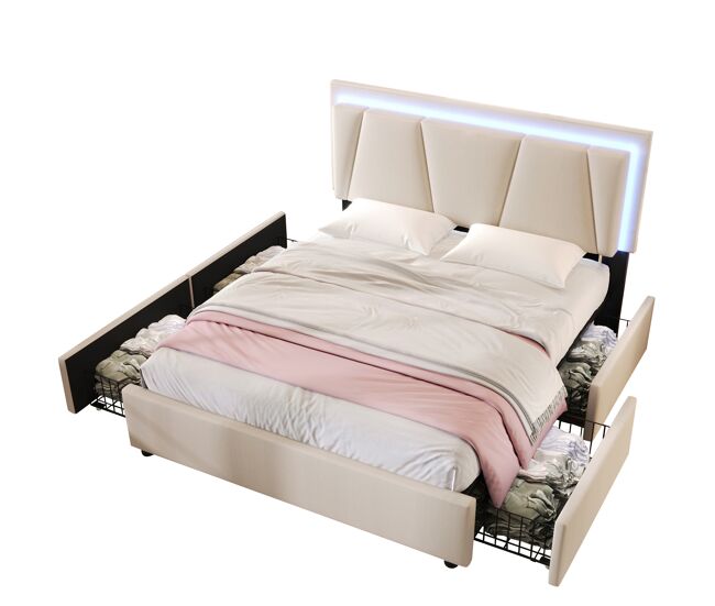 Cama de matrimonio de madera maciza con 4 cajones 149x207