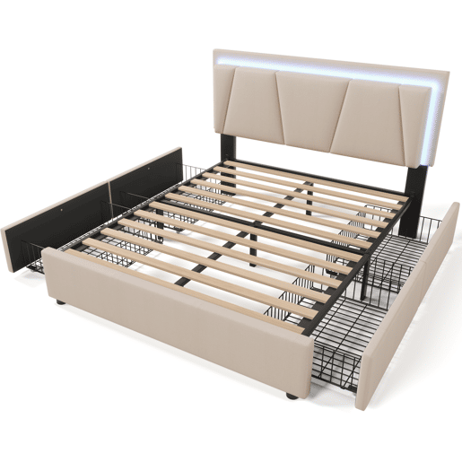 Cama de casal de madeira maciça 140x200cm com 4 gavetas,luz led,bege