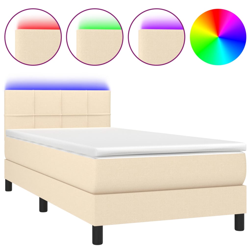Cama box spring colchón y luces led tela crema 100x200 cm bloques con cuadros