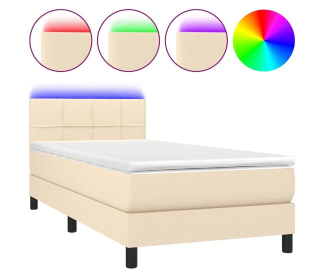 Cama box spring colchón y luces led tela crema 100x200 cm bloques con cuadros