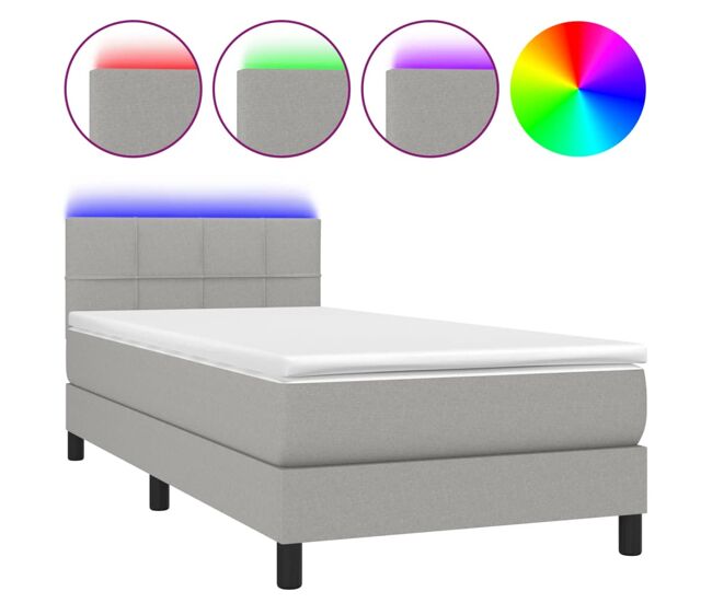 Cama box spring colchón y luces led tela gris claro 90x200 cm bloques con cuadros